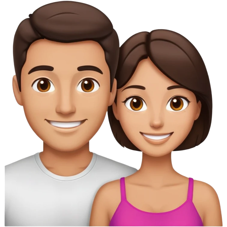 Attractive brunette man and woman with tan skin from chest up, smiling at camera emoji