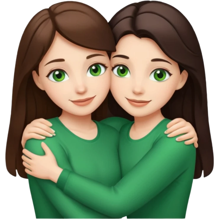 A brunette sister with green eyes and a brunette sister with green eyes in different clothes together hugging emoji