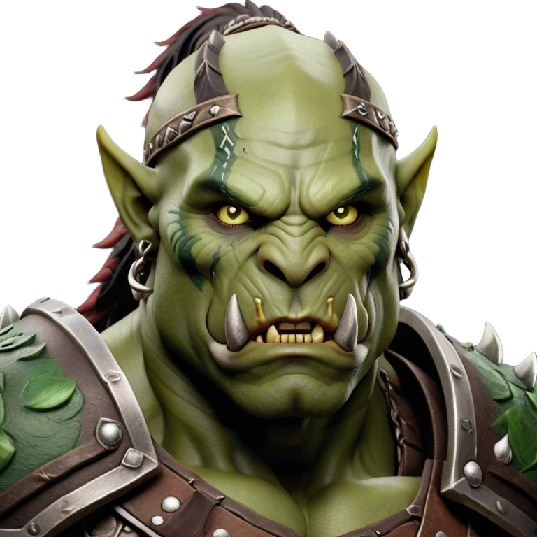 Cinematic Realistic WoW Orc Warrior Portrait, depicted with battle-scarred, rugged green skin and a powerful, muscular build that radiates primal strength. Clad in intricately detailed tribal armor accented with dark leather and iron embellishments in deep, earthy tones, his fierce eyes and determined expression exude honorable might. Rendered with lifelike texture and dramatic natural lighting, high shine, noble and formidable, capturing the essence of a legendary orc champion. emoji