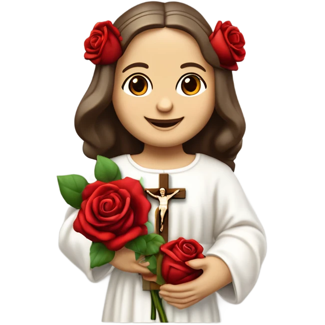 Sainte Therese de Lisieux avec petit sourire complice portant un bouquet de Roses rouges et un crucifix avec Jésus visible sur le crucifix vrai visage de Sainte Thérèse de Lisieux française vue de 3/4 emoji