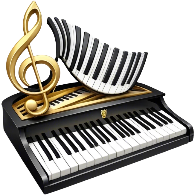 Create an elegant and festive emoji collage representing keyboard instruments, styled like a heraldic emblem. The design should feature a central focal point of black and white piano keys, arranged in a semi-circular or shield-like shape. Around the piano keys, add intertwining musical notes that form flowing ribbons, creating a dynamic and celebratory atmosphere. The design should be professional, with polished silver and gold accents on the keys and notes, highlighting the luxury and sophistication of the instruments. Add subtle shading and lighting effects to give the design a refined, 3D appearance. The background should remain transparent, and the overall feel should evoke grandeur, artistry, and a sense of celebration. emoji