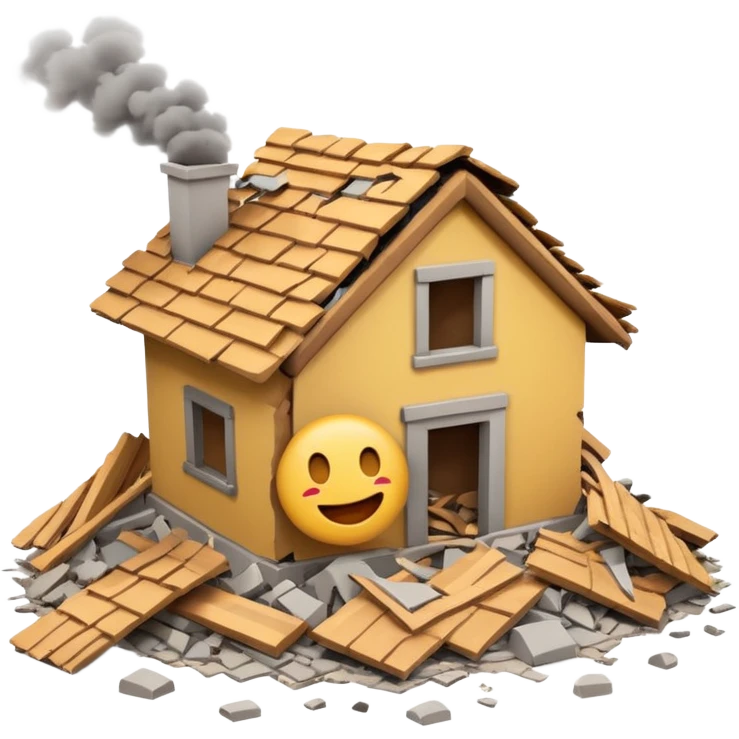 3D iPhone style emoji of a completely destroyed house, heavily damaged, collapsed into rubble, broken walls and roof scattered into debris, isolated on white background, soft shadows, high detail, playful and cute. emoji
