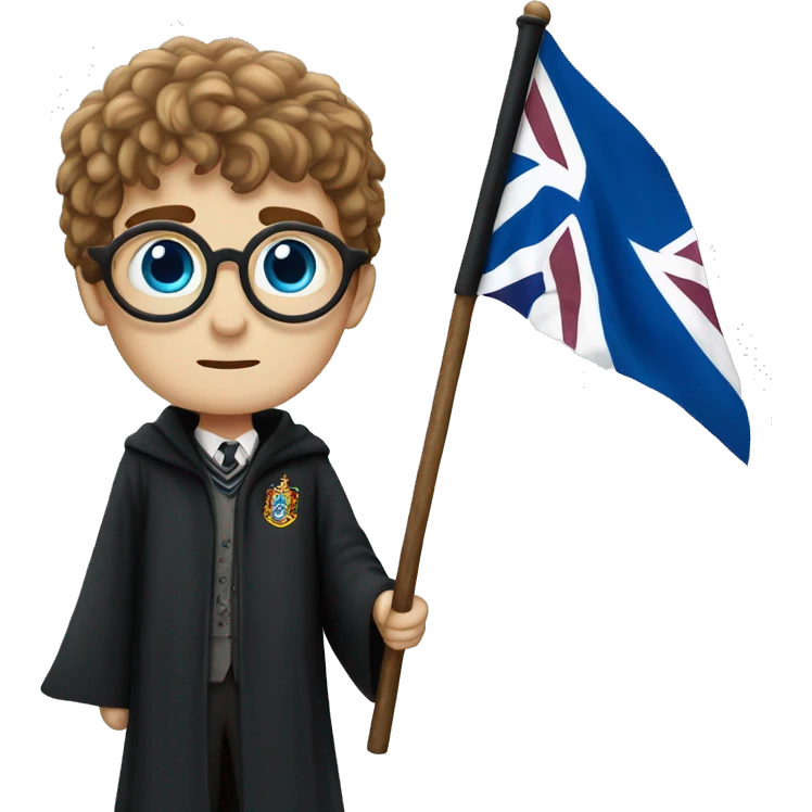 Harry Potter with blue eyes holding UK flag emoji