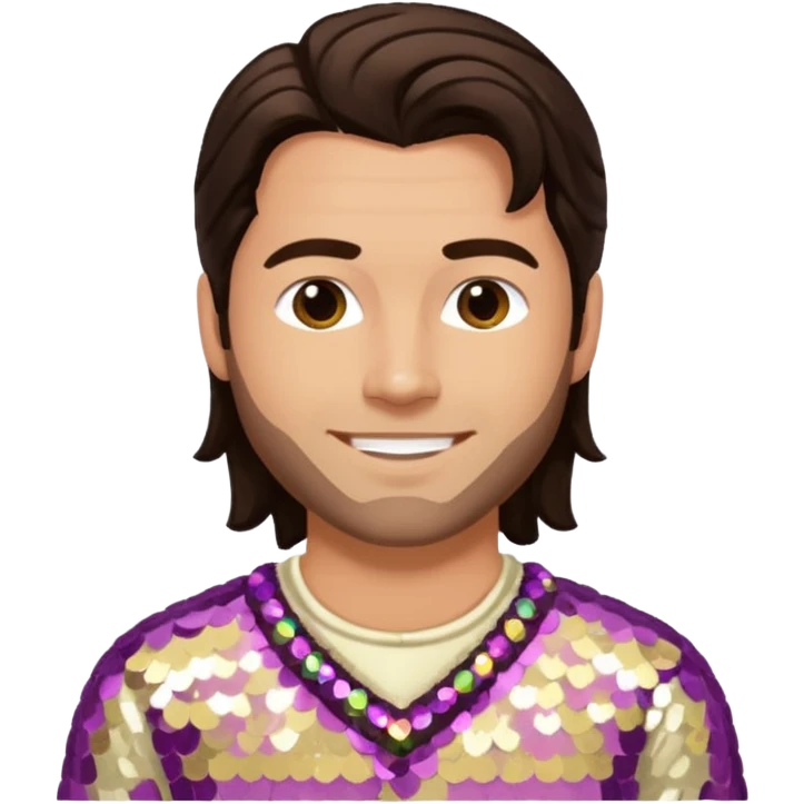 Chris Pontius from Jackass with long dark brown hair, cream sequin outfit emoji