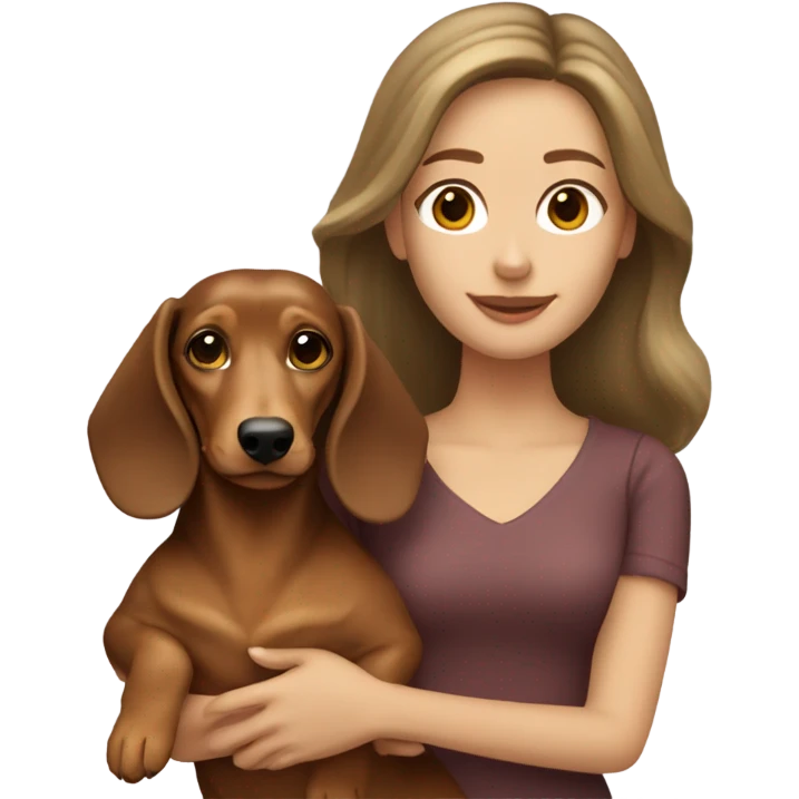 A woman with shoulder length brown hair holding a blonde colored long hair dachshund  emoji