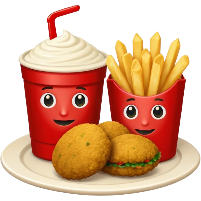 falafel and fries, with two containers with  red sauce and white sauce  emoji