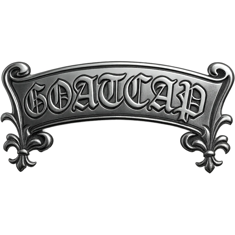 sticker with the text '60ATCAP' in the style of Chrome Hearts, blackletter gothic font, silver chrome shine, decorative flourishes emoji