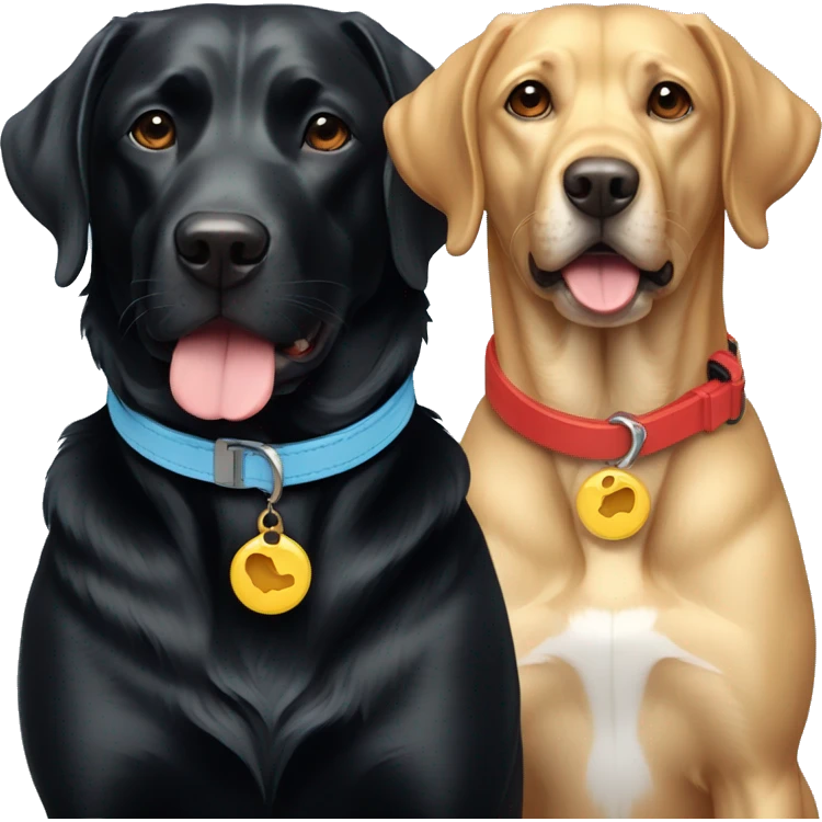 2 dogs, black labradors. one on the left smaller. The dog on left with a light blue collar. dog on right with red collar. emoji