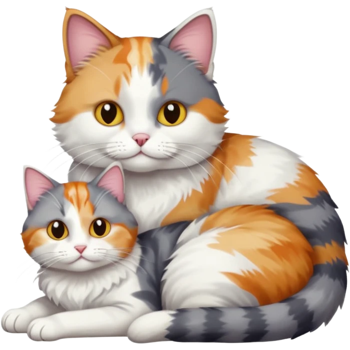 full body colourful light patched calico + white tabby cat cuddling a grey and white cat  emoji