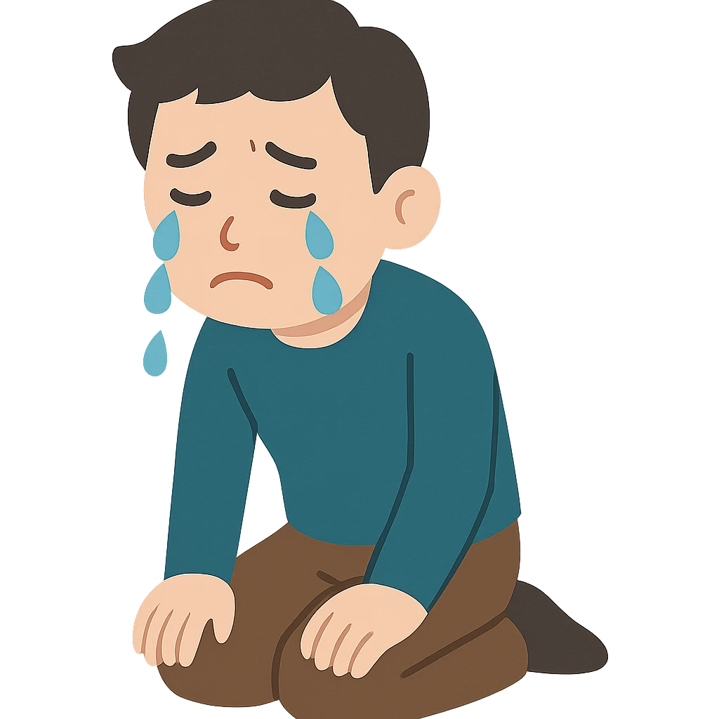 flat toon style sad Asian man kneeling, crying emoji