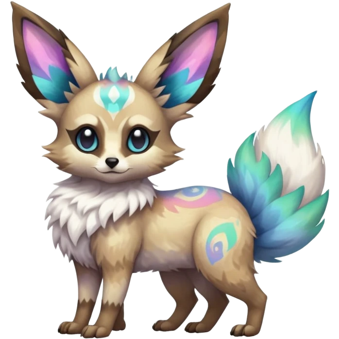 Rare iridescent white exotic epic aesthetic colorful Trico-Eevee-Genet-species-Fakemon-hybrid-creature, with intricate tattoo markings, full body emoji