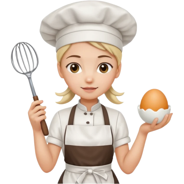 Young female pastry chef - ponytail, apron, wearing a white hat, holding an egg beater in her right hand
 emoji