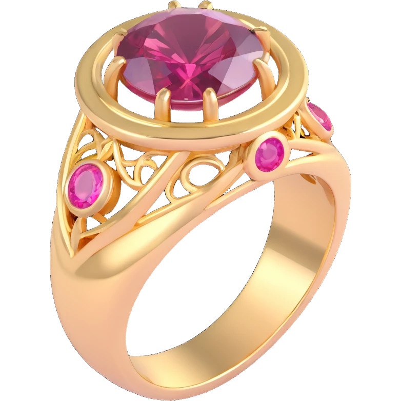 realistic 3D gothic ring with gold and pink gemstone, minimal and elegant emoji