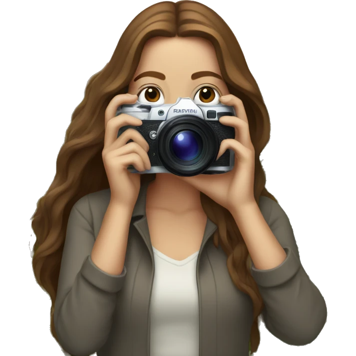 A white woman with long brown hair taking a photo with an expensive camera of nature emoji