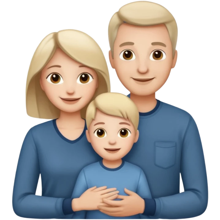 white family emoji: mother, father, and child together, smiling, warm, casual modern clothes emoji