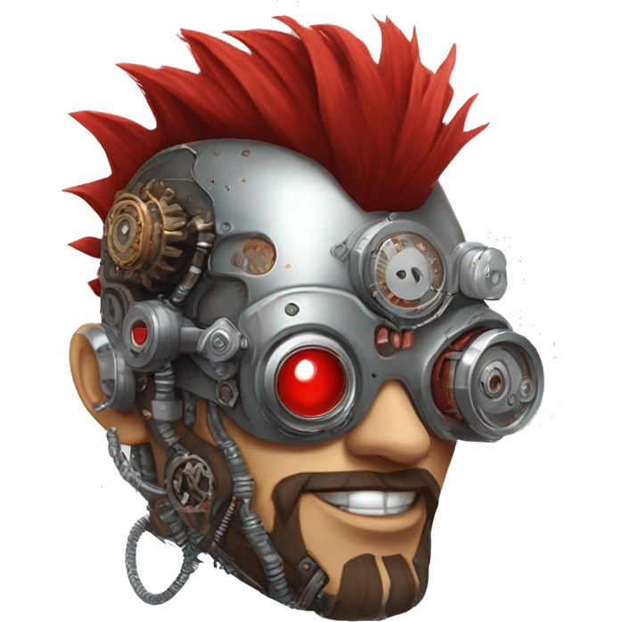 cyborg head with red Mohawk, red beard. silver steampunk monocle goggles a smile and circuits emoji
