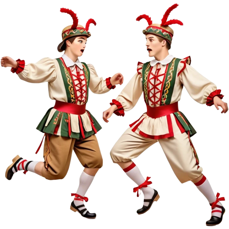 Cinematic Realistic scene of two performers executing a Morris Dance in full traditional costume—with bells, ribbons, and clogs—captured in dynamic motion against a rustic English backdrop and warm, golden lighting emoji