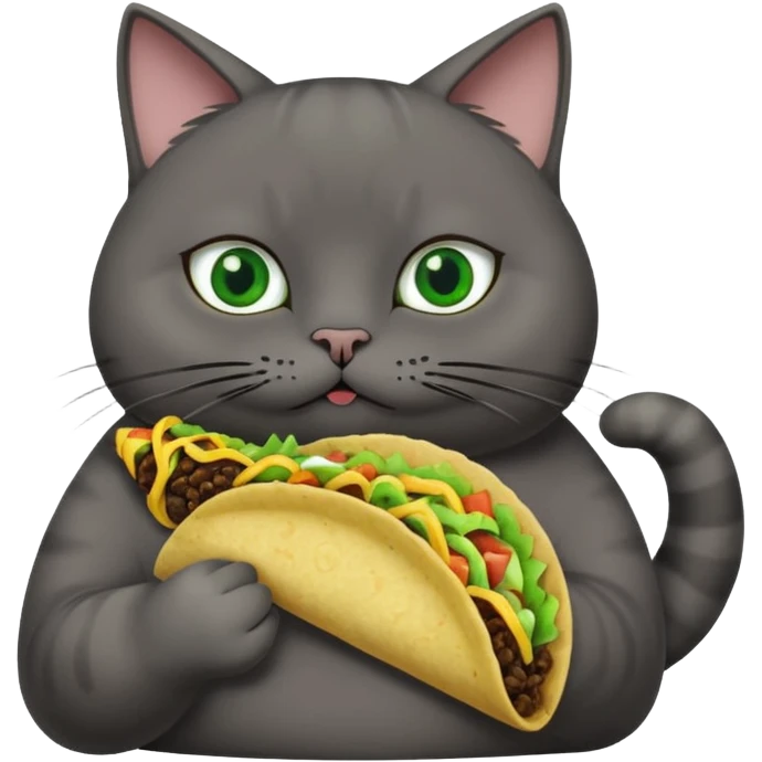 Fat dark gray cat with green eyes eating a taco  emoji