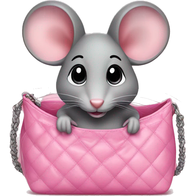 Cute Grey mouse is sitting in a pink chanel bag emoji
