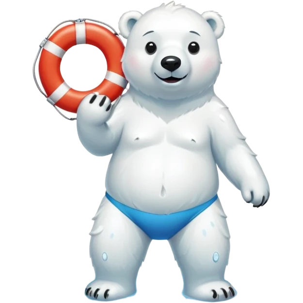 full body friendly anthropomorphised polar bear smiling, wearing colorful swim shorts and swim goggles, standing in a small puddle, holding a red and white life buoy emoji