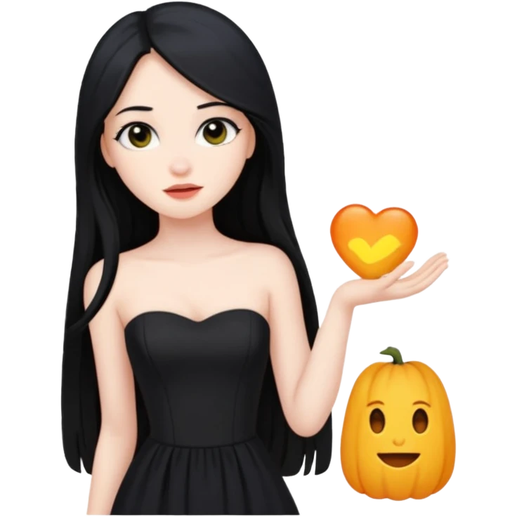 Pale girl with long black hair and black strapless dress emoji