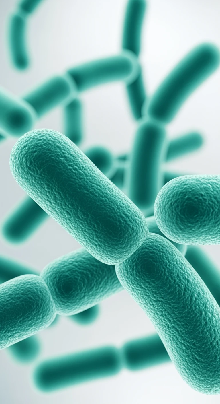 batteri intestinali turchesi fluttuano in aria, sfondo bianco, ùma iperrealistica 4k emoji