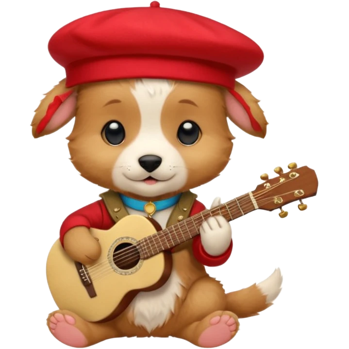 Steampunk:a very cute and adorable anthropomorphic puppy with a red beret is playing an acoustic guitar emoji