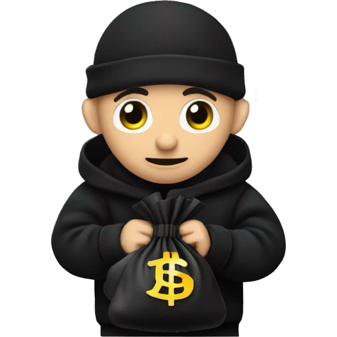 Thief wearing all black clothes stealing a money bag with the words Top Tier embroidered on it emoji