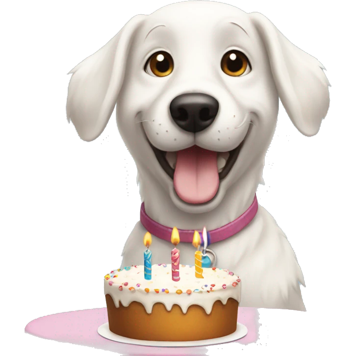 Happy white dog next to a birthday cake emoji