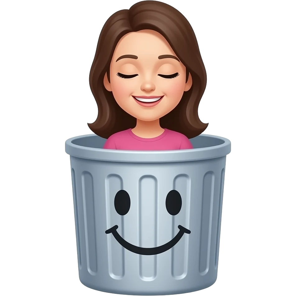 A woman smiley emoji face with eyes close in a trash can emoji