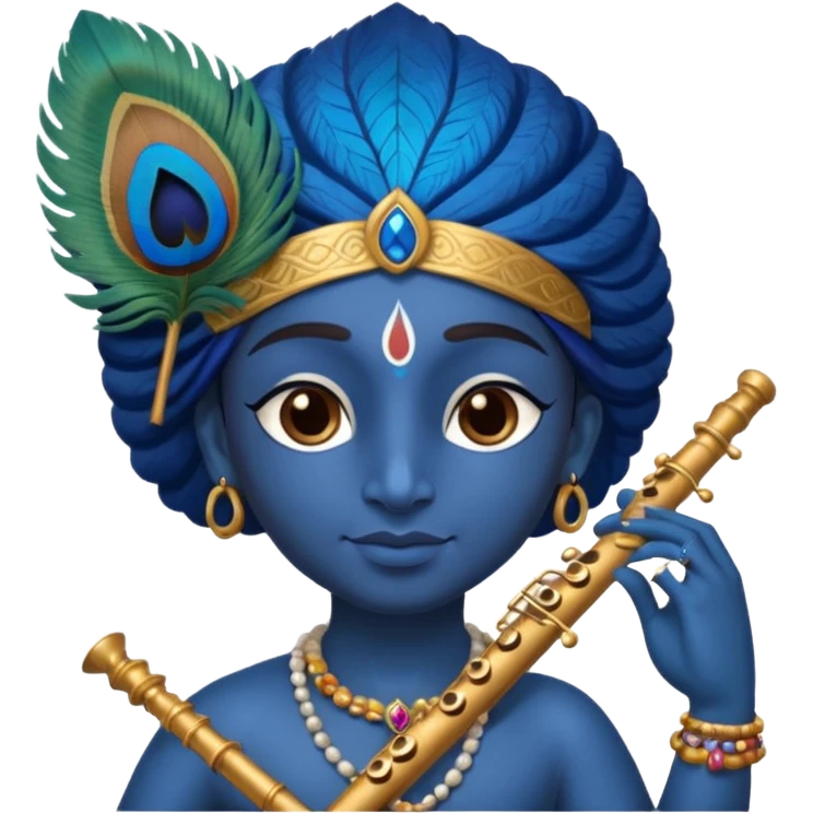 Blue Krishna and peacock feather on head with flute emoji
