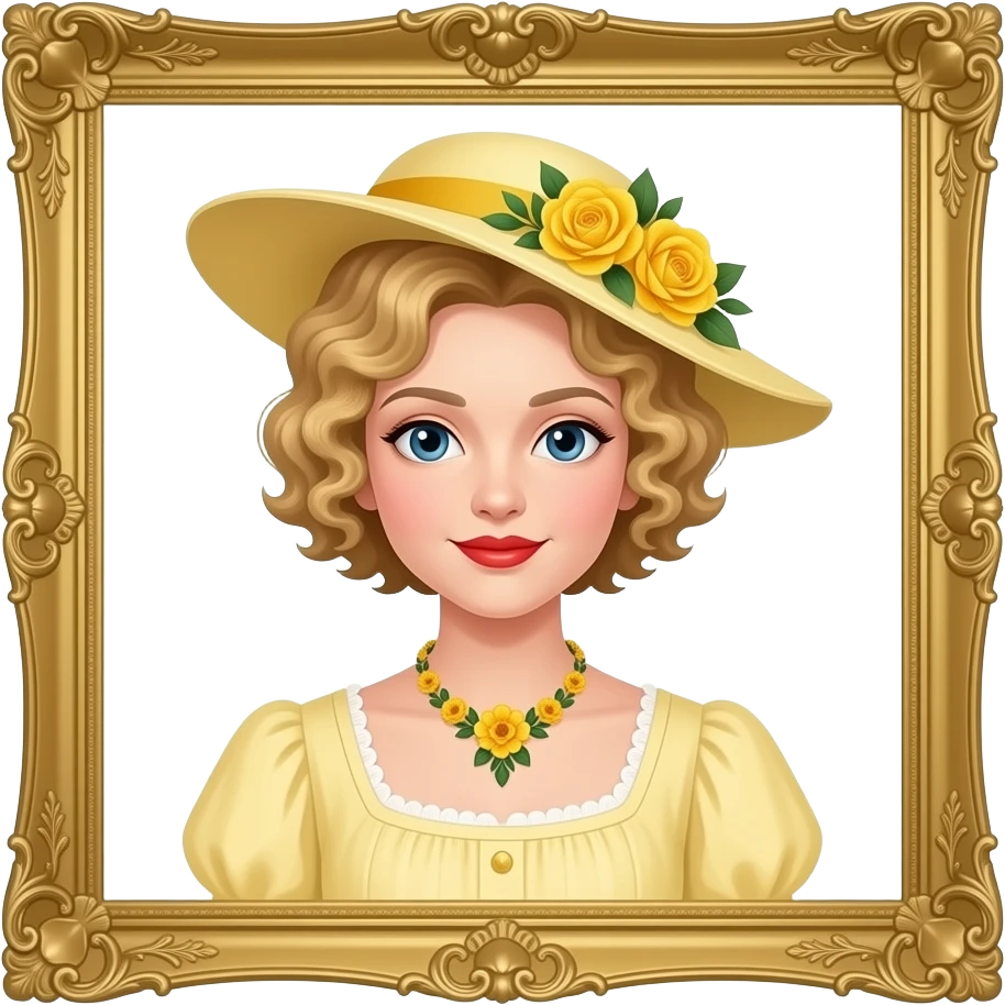 Victorian look with blonde short tight curls bob hair side swept in a light yellow Victorian dress, antique yellow flowers necklace and light yellow Victorian hat with flowers, red lipstick and antique gold frame emoji
