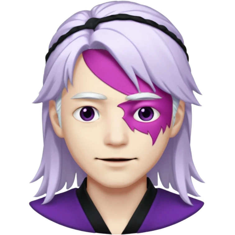 A young pale skinned Japanese man, with long free white hair. Purple eyes pink lips. Devious smile and an eyepatch emoji