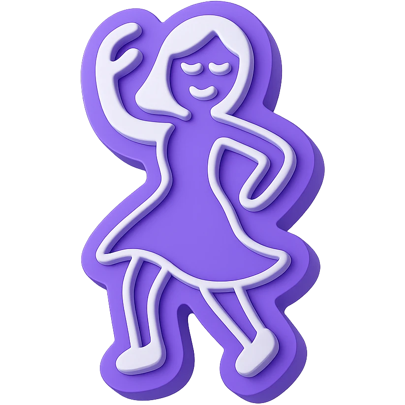 Create a 3D purple sticker with a dancing expression, transparent background. emoji