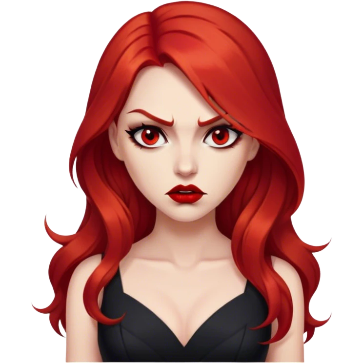 a beautiful very angry woman with long red hair and red eyes. The woman wear a black little cutted dress. She have red lipstick and she have a seductive look. Angry face emoji