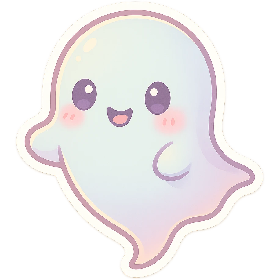 pastel ghost, chibi style, soft colors, blushing cheeks, floating, friendly expression, big eyes emoji