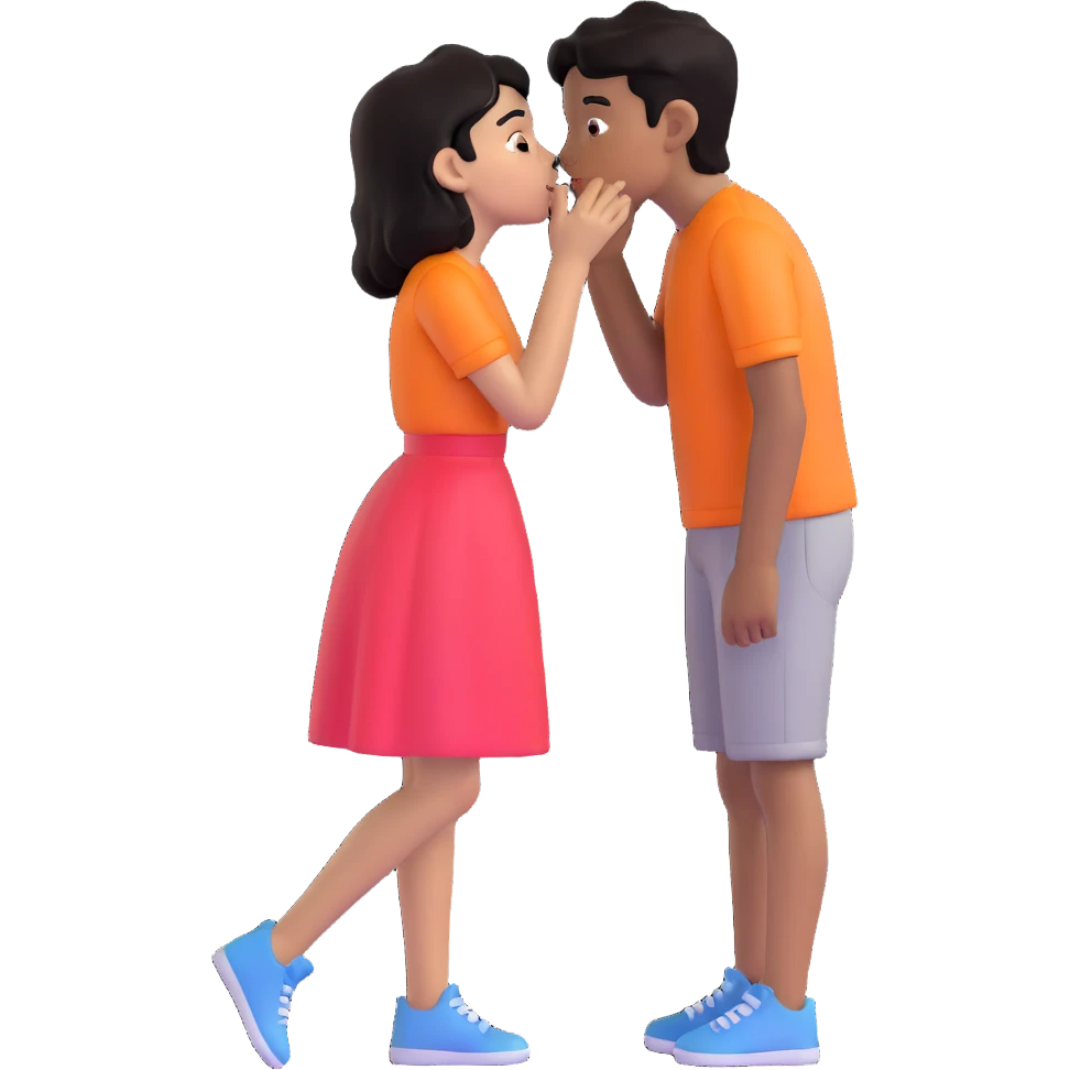 Black haired brown skinned boy kissing a black haired light skinned girl emoji
