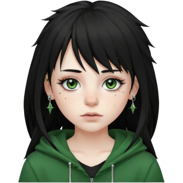 girl with black long layered hair with wispy bangs, pale skin, black t shirt, freckles on nose, dark nude colored lipliner, fluffy lashes, green hooded eyes, black spiky septum ring, eyebrow piercing, blush, thin black eyebrows. emoji