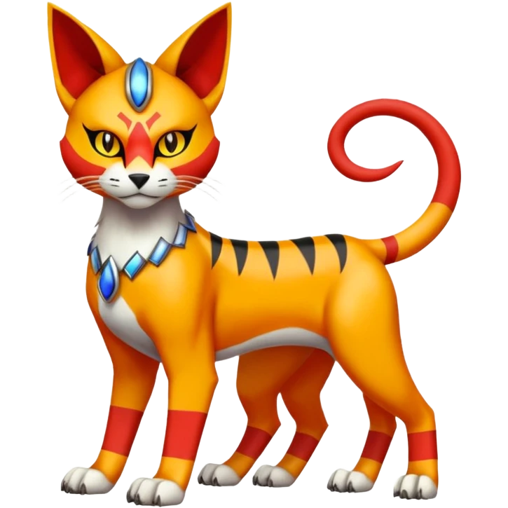 Colorful orange red black yellow Bastet-Gatomon-Vernid-Protogen-Digimon-Fakémon-Pokémon-creature  (full body) emoji