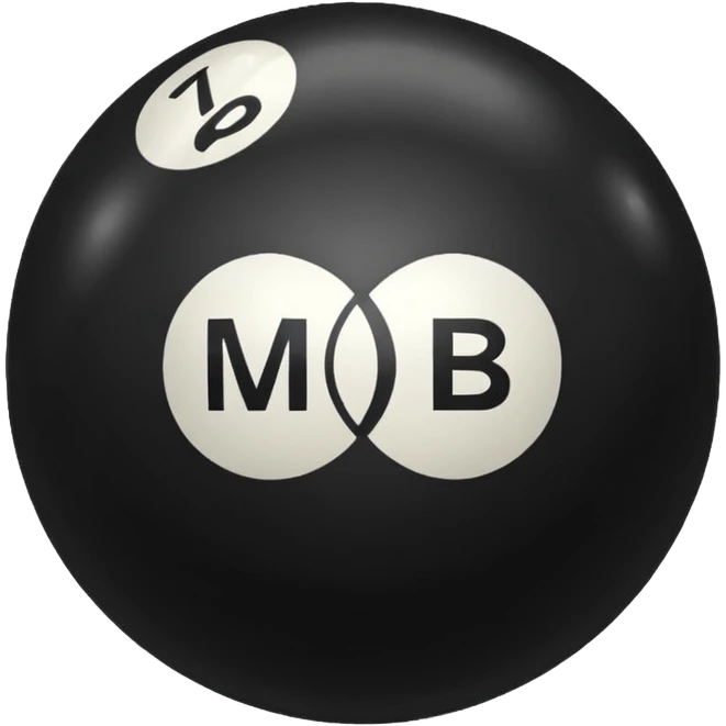Pool ball back ball with the “MB” written on it. emoji