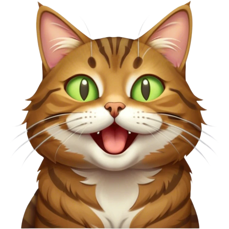 Cinematic Cute Yawning Brown Tabby Cat Portrait Emoji, Head tilted slightly with a dramatic, wide-open yawn, soft brown fur with bold tabby markings, long whiskers stretching forward, golden-green eyes barely open in drowsy contentment, Simplified yet irresistibly adorable features, highly detailed, glowing with a soft, cozy glow, high shine, relaxed yet expressive, stylized with a touch of whimsy, bright and endearing, soft glowing outline, capturing the essence of a sleepy yet affectionate kitty, so drowsy it feels like it could stretch right out of the screen and curl up for a nap! emoji
