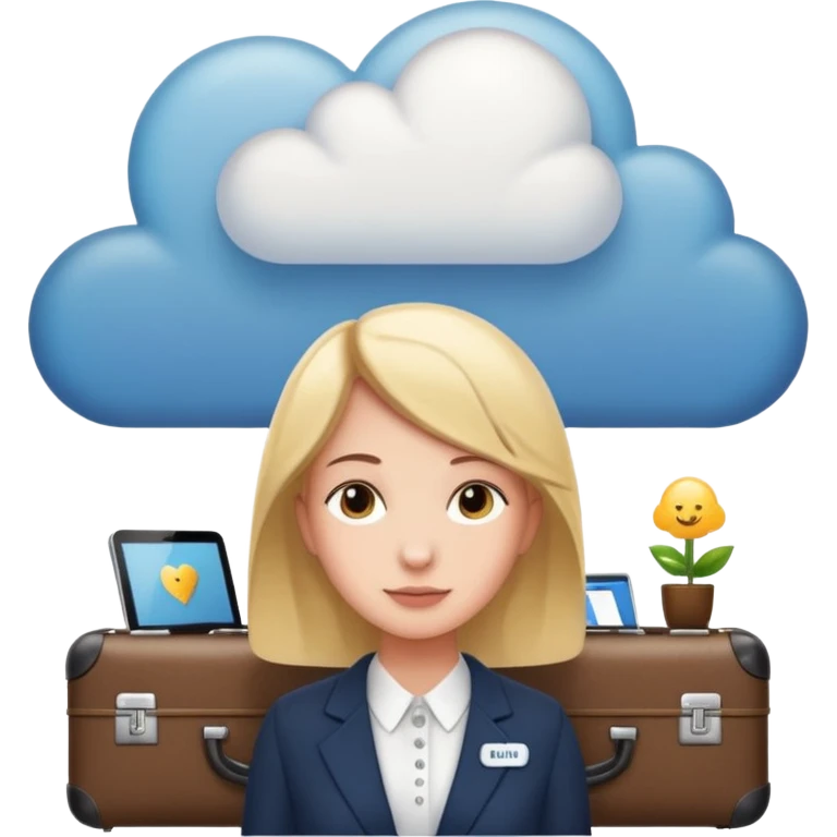 A thinking person with a thought cloud showing a modern hotel reception — front desk, receptionist, suitcases, cozy lighting. Cute emoji style, soft and clean.
 emoji