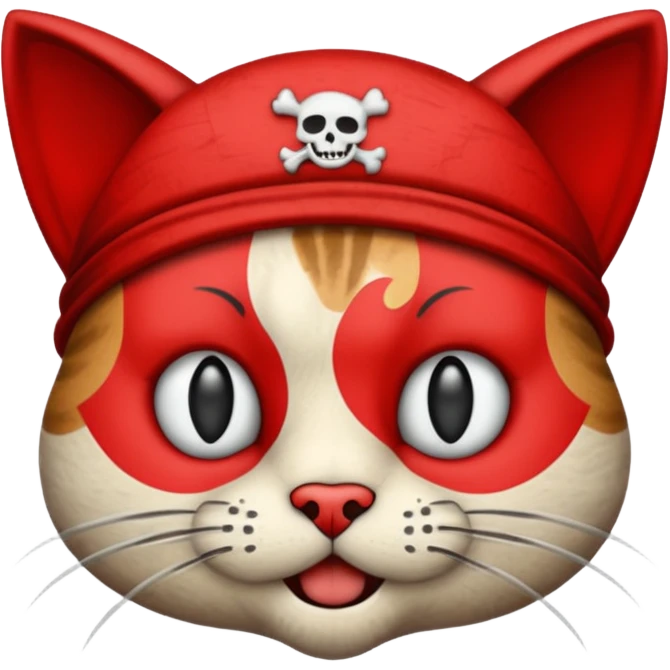 Vintage 1930s cartoon style emoji, cat, pirate aesthetic, thick black outlines, rubber hose animation style, monochrome with red accents, grainy paper texture, white background --v 6.0 emoji
