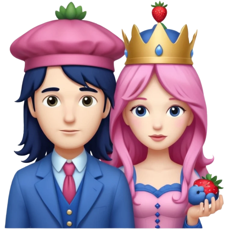 pale blueberry prince man Handsome with long black hair blueberry hat and clothes. He is standing  next to pale strawberry princess woman with strawberry hat eyelashes long pink hair and Pink strawberry dress emoji