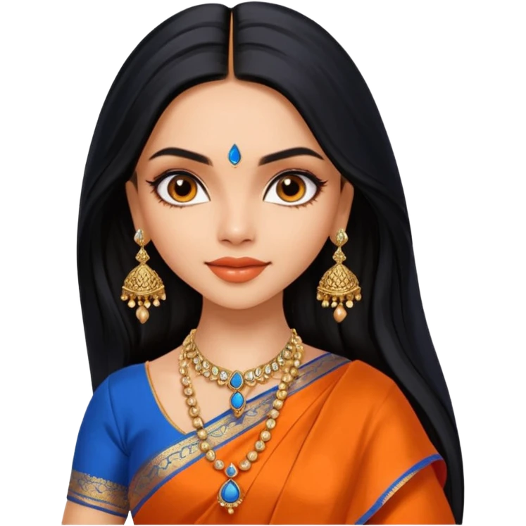 generate a pretty bratz Deepika Padukone with long black hair middle parted.
Wearing an orange saree with a blue blouse, golden jhumkas
SHe shoudl look like deepika padukone emoji