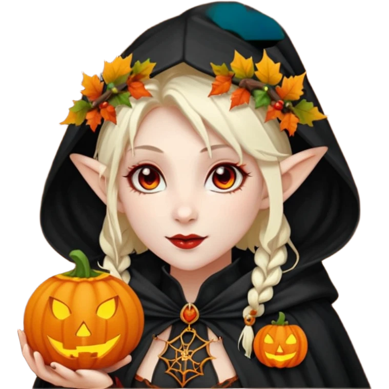female elf vampire emoji, pale skin, red eyes, elegant face, autumn leaf and pumpkin wreath on head, black hooded cloak with cobweb details, holding small glowing pumpkin lantern, Halloween fantasy theme, Apple emoji style, clean white background, square emoji