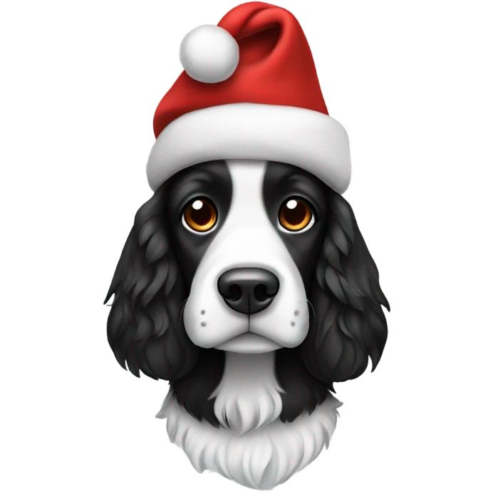 Black and white pringer spaniel wearing a Christmas hat emoji