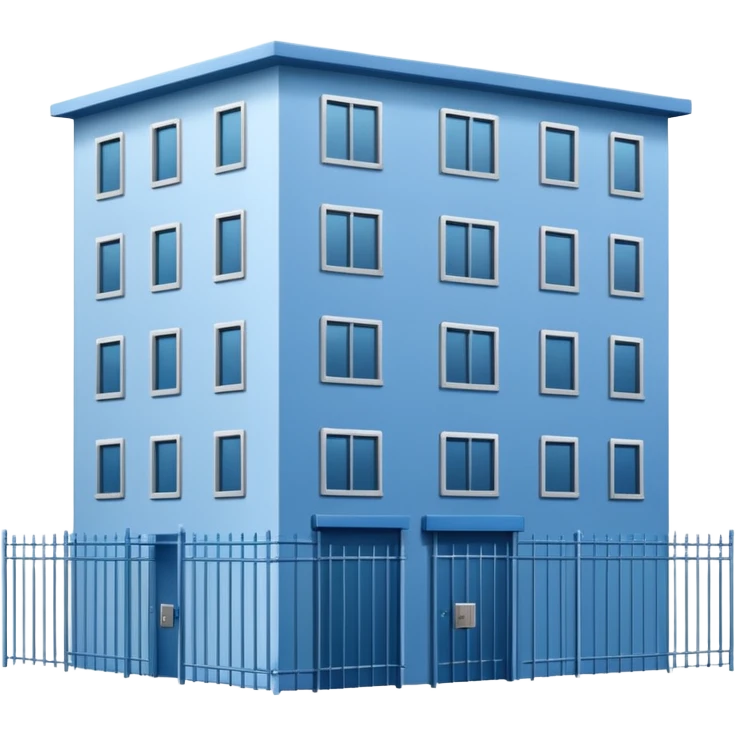 blue rectangular 9-story apartment building surrounded by fence, closed courtyard, minimal flat vector icon emoji