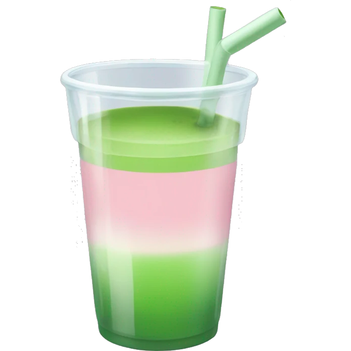 Clear cup. The bottom half of the cup has a light pink liquid, and the top half is matcha green. A transparent straw sticks out.  emoji
