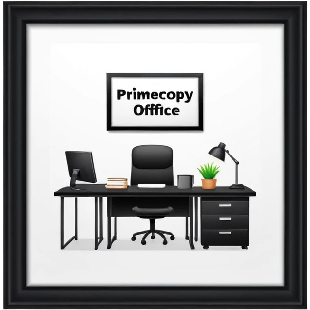 A black office with a sign saying "PrimeCopy" emoji